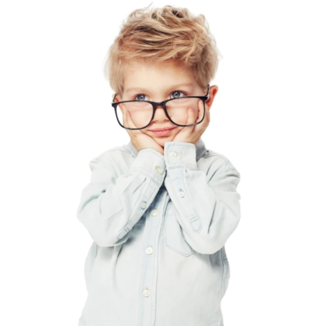 Boy with hands on face wearing oversized glasses