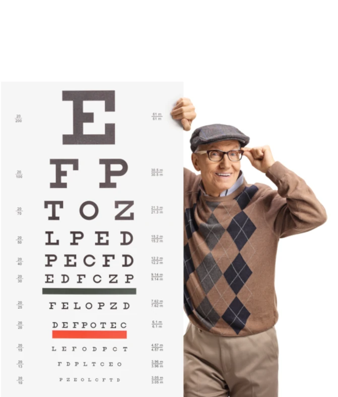 Senior man wearing glasses holding a tall eye chart